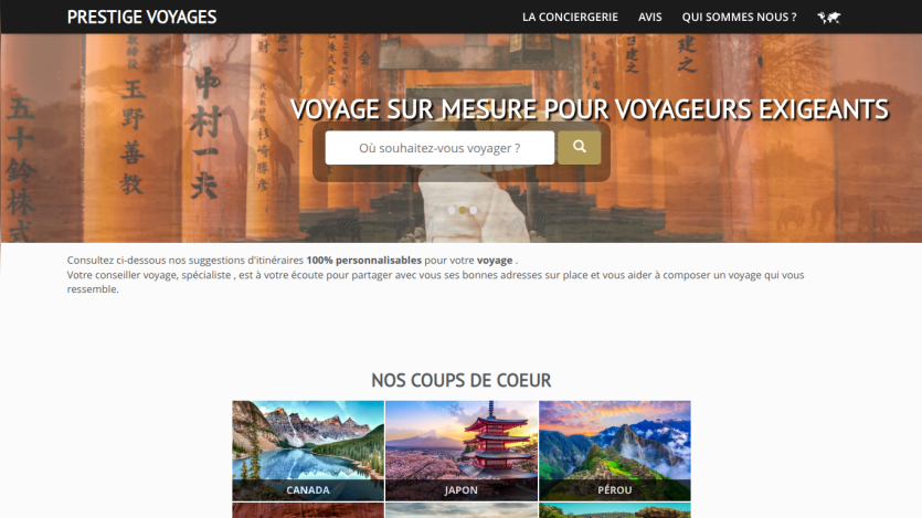 Prestige Voyages website with custom travel search bar and featured destinations Canada, Japan, Peru.