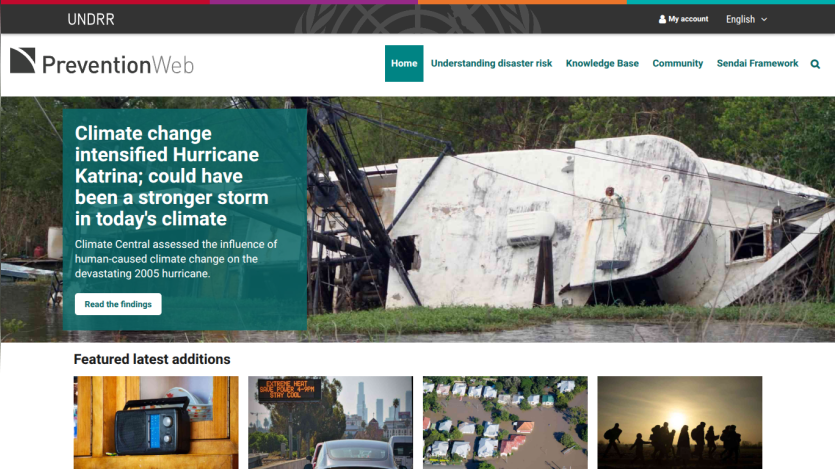 PreventionWeb homepage featuring climate change impact on hurricanes and latest additions.