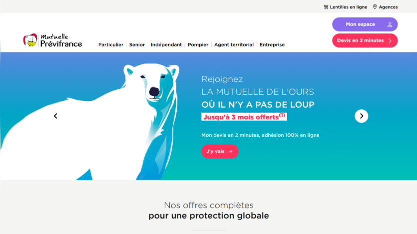 Mutuelle Prévifrance website offering online contact lenses with benefits for members and easy purchase options