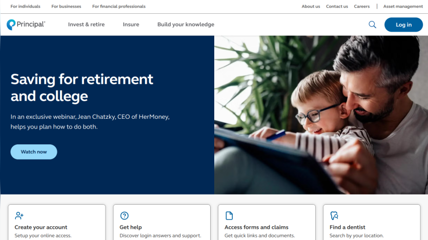Homepage promoting a webinar on saving for retirement and college, featuring a father and child.