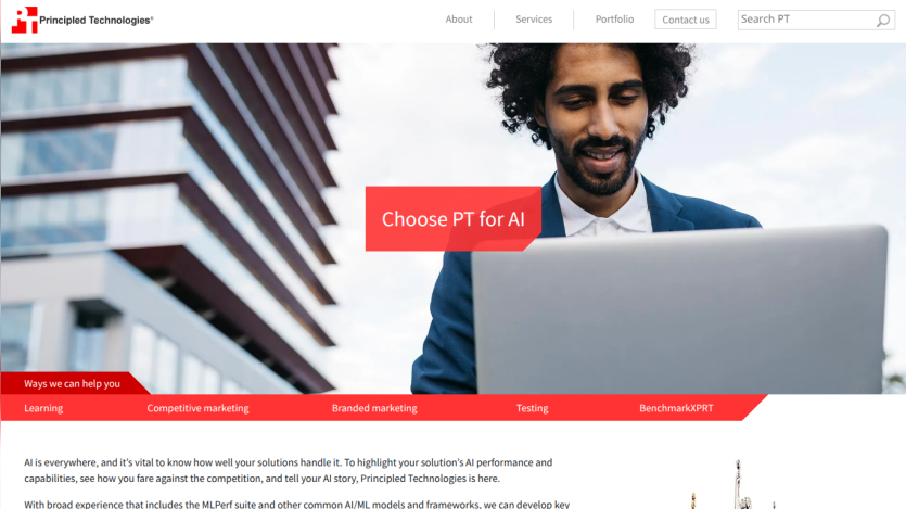 Principled Technologies homepage with navigation and AI-focused services, featuring a man using a laptop outdoors