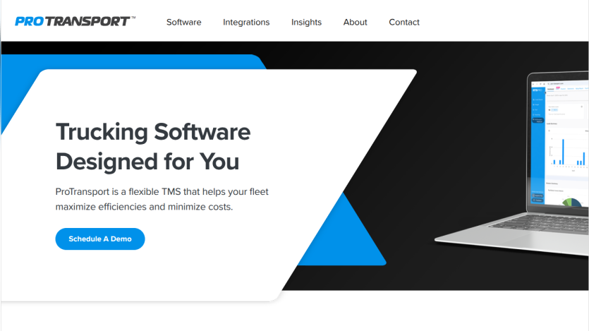 ProTransport trucking software homepage with navigation and call to action to schedule a demo