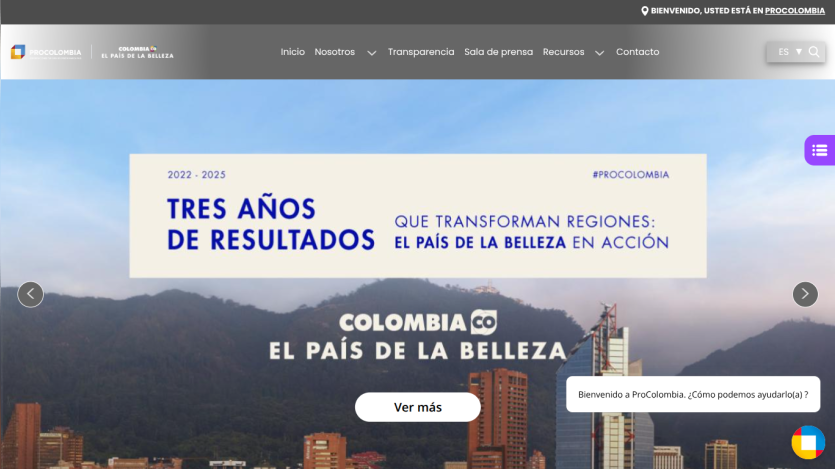 Website header with navigation and hero section showing Colombia's beauty and regional transformation results