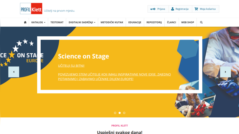 Profil Klett website with navigation menu and Science on Stage hero promoting STEM teachers and inspiring ideas