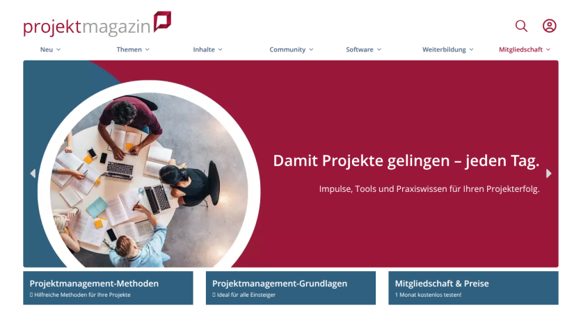 Projektmagazin homepage offering project management methods, basics, and membership pricing with a collaborative team image