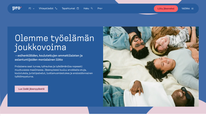 Homepage hero section with headline about a professional union, descriptive text, and a group of smiling people lying on a blanket