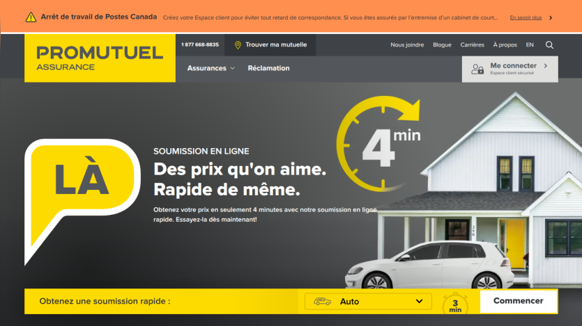 Promutuel Assurance homepage offering quick online insurance quotes in 4 minutes with a white car and house image.