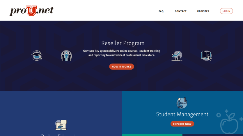 ProU.net reseller program and student management system with navigation links and call-to-action buttons