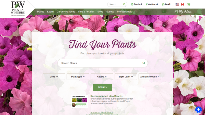 Search section for plants with filters for size, type, color, and light level.