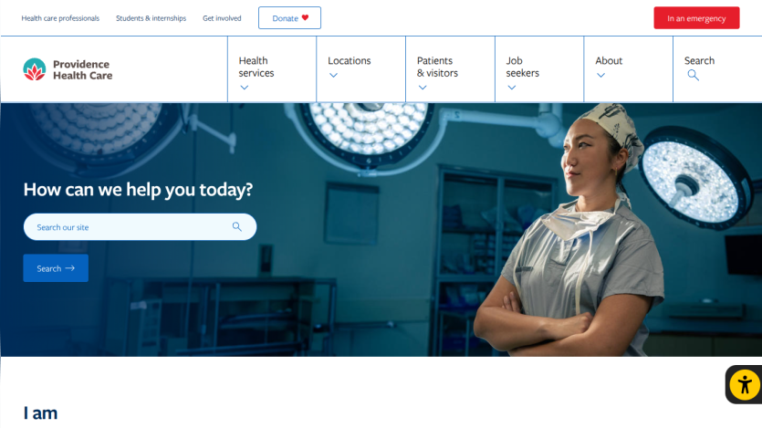 Providence Health Care homepage with navigation menu, emergency button, and search bar over medical professional background
