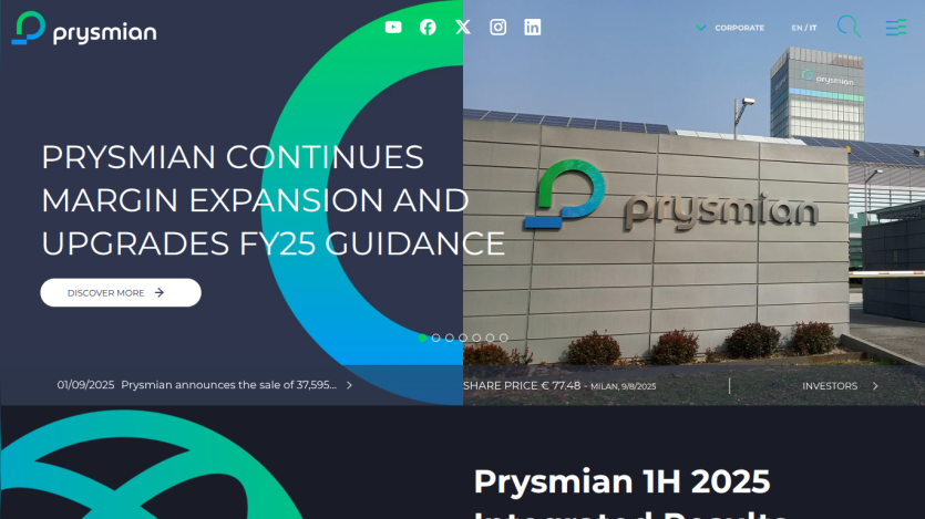 Prysmian Group's website featuring margin expansion announcement and company logo.