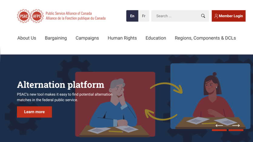 Public Service Alliance of Canada website with navigation and hero section promoting alternation platform tool