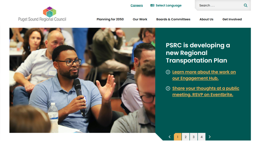 Puget Sound Regional Council homepage with navigation and announcement for a virtual public meeting on November 20