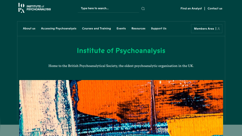 Institute of Psychoanalysis homepage with navigation and hero text about the British Psychoanalytical Society