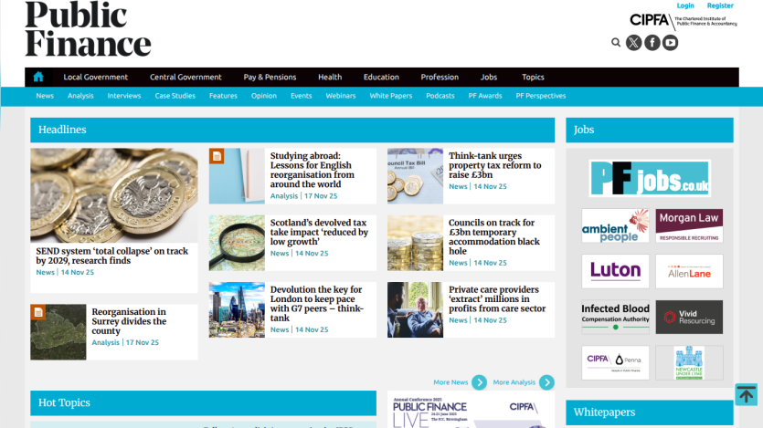 Public Finance website homepage with headlines on tax, care sector, and government topics, plus job listings and conference info