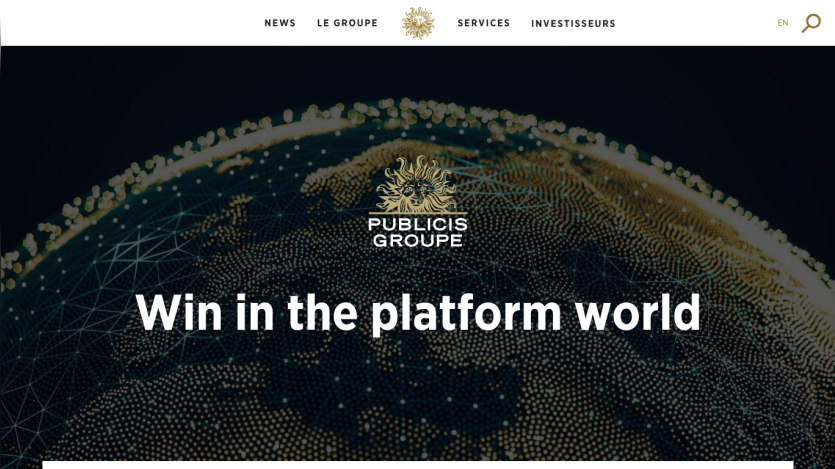 Publicis Groupe homepage featuring the slogan 'Win in the platform world' with a global graphic background.