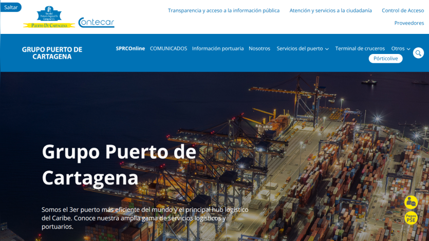 Grupo Puerto de Cartagena website showing port logistics hub with navigation and service information