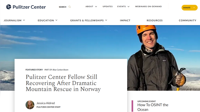 Pulitzer Center homepage featuring an article about a fellow's mountain rescue in Norway.