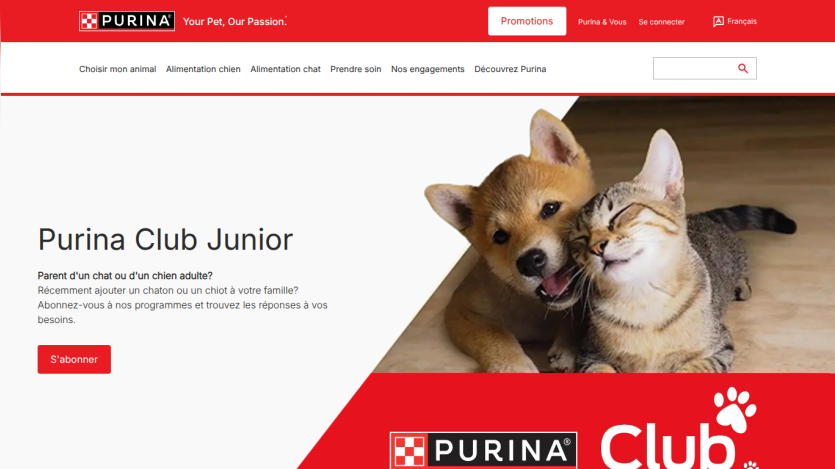 Purina Club Junior subscription page for cat and dog owners with a photo of a puppy and kitten together.