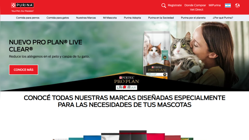 Purina Pro Plan Live Clear cat food reduces allergens in cat hair and dander with a call to action button