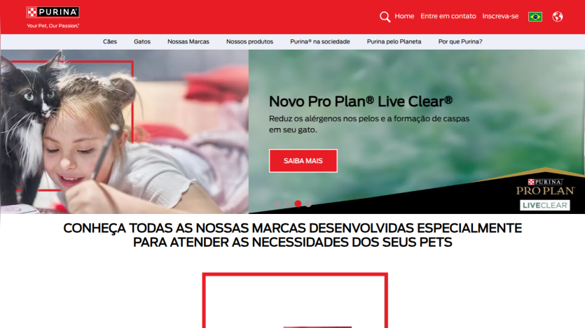 Pet care website homepage featuring Novo Pro Plan Live Clear with a girl and dog, navigation menu, and promotional text