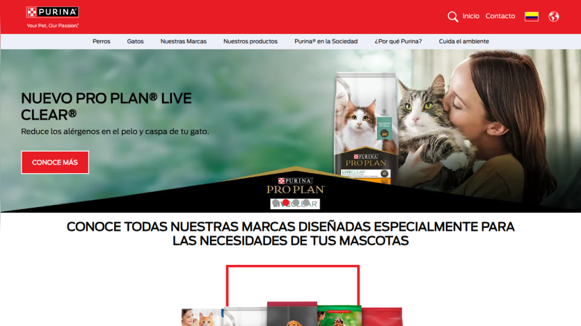 Purina website promoting Pro Plan Live Clear cat food reducing allergens, with navigation and product images