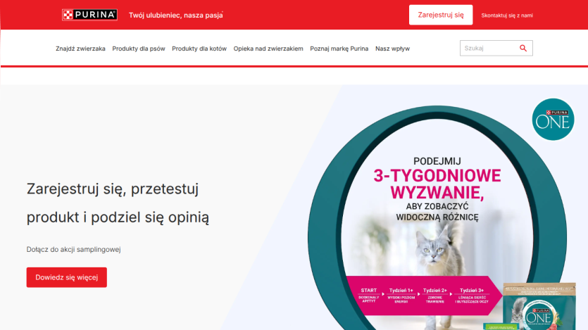 Purina website with navigation and a 3-week challenge promotion featuring a cat and product information