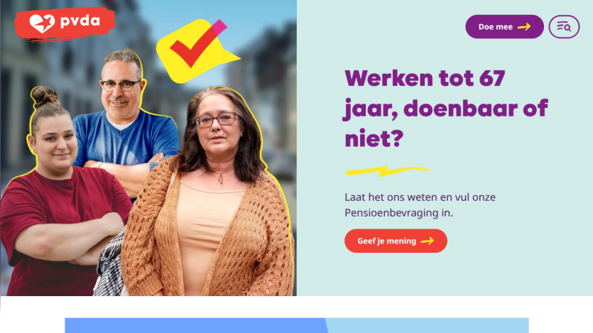 Political party PVDA campaign asking about working until age 67 with a pension survey call to action