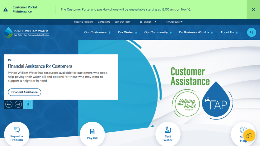 Prince William Water homepage with navigation, customer assistance info, and links for reporting problems, paying bills, and testing water