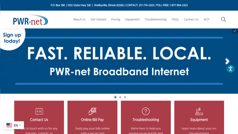 PWR-net Broadband Internet homepage with contact info, navigation menu, and service highlights including online bill pay and troubleshooting.