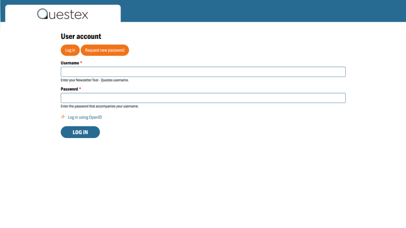 User account login page with fields for username and password, and buttons to log in or request new password