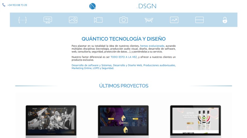 Website header with contact info, navigation icons, and sections on technology, design, and recent projects