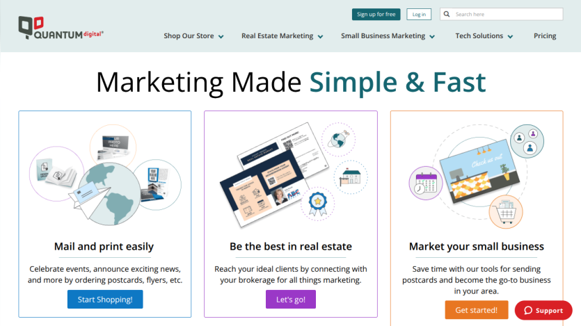 Quantum Digital marketing site with options for mail and print, real estate marketing, and small business marketing