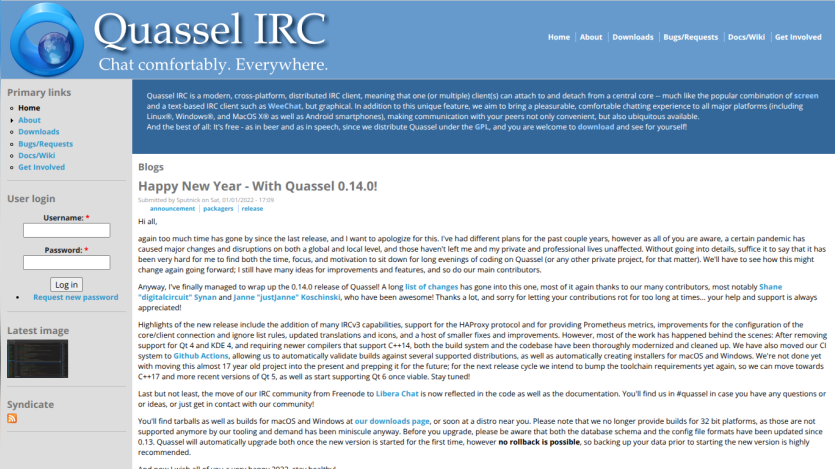 Quassel IRC homepage with navigation links, login form, and blog post about Quassel 0.14.0 release