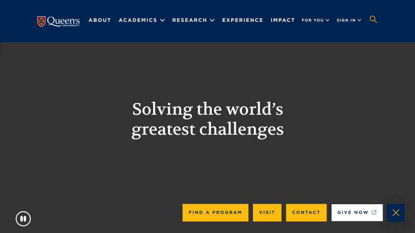 Main message about solving global challenges with navigation options.