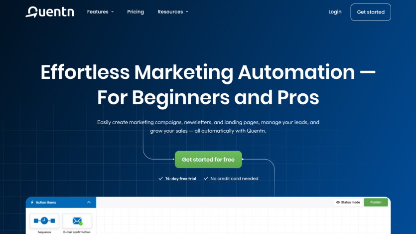 Marketing automation platform homepage offering effortless campaign creation with a free trial and no credit card needed.