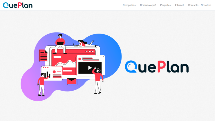 QuePlan website header with navigation menu and illustrated hero section showing people interacting with digital content
