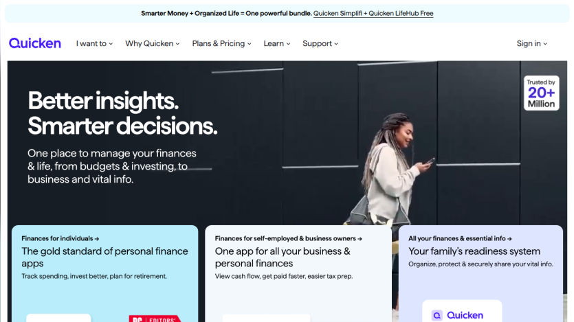 Quicken homepage featuring insights on personal finance management and decision-making.