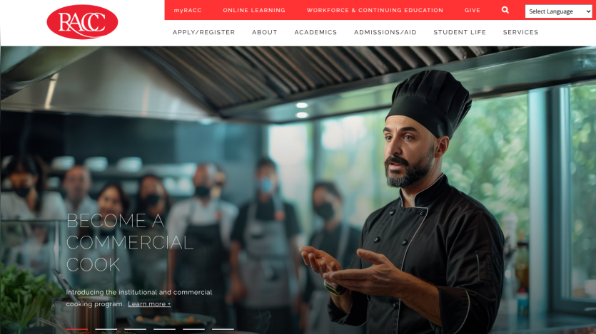 RACC website promoting commercial cooking program with chef instructing a group in a kitchen
