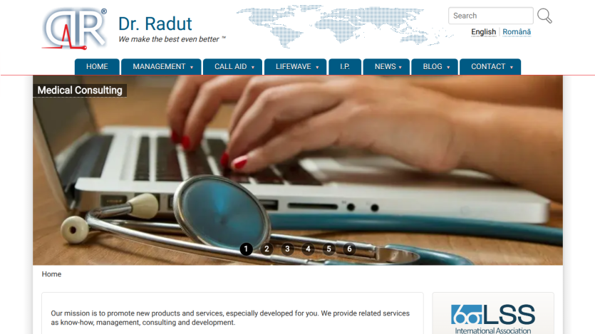 Dr. Radut website with navigation menu, search bar, and hero image showing hands typing on laptop with stethoscope, promoting medical consulting