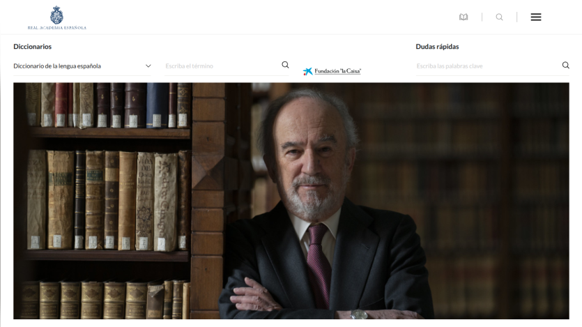Library website featuring a man in front of bookshelves, with navigation options above.