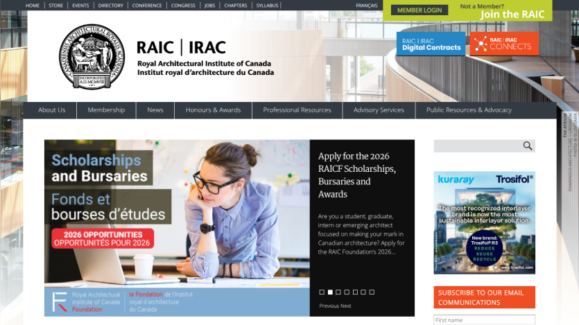 Royal Architectural Institute of Canada homepage with scholarship opportunities and navigation menu