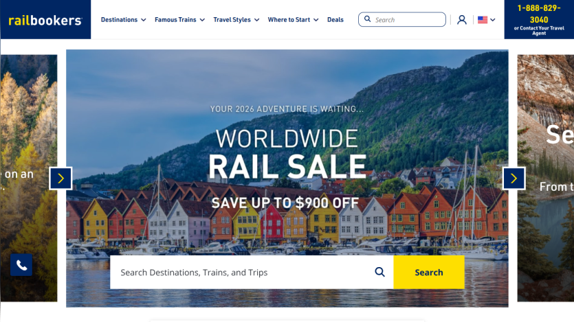 Railbookers homepage featuring a worldwide rail sale with up to $900 off and a search bar for destinations and trips.