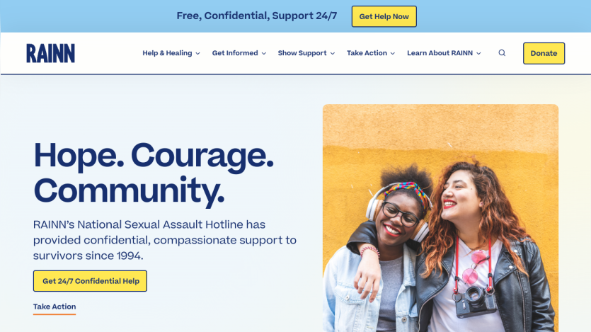 RAINN's homepage featuring support information and a call to action for help.