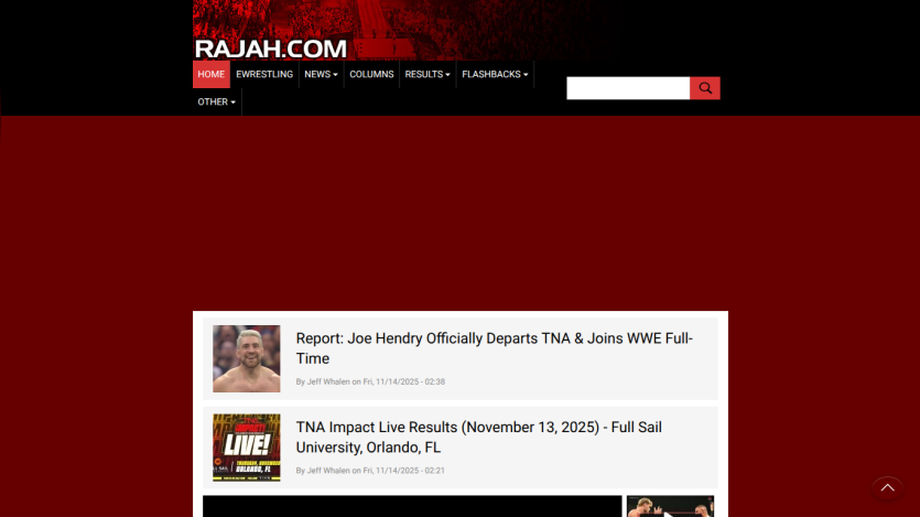 Rajah.com homepage with news articles on Joe Hendry and Impact Live Results, navigation bar at top