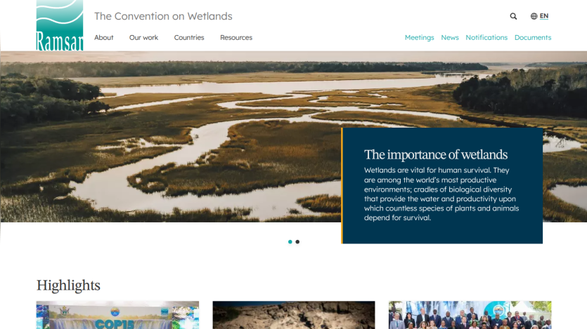 Homepage of Ramsar Convention on Wetlands highlighting the importance of wetlands.