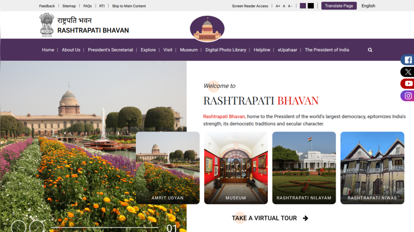 Official Rashtrapati Bhavan website homepage with navigation menu, hero image of the building, and virtual tour options