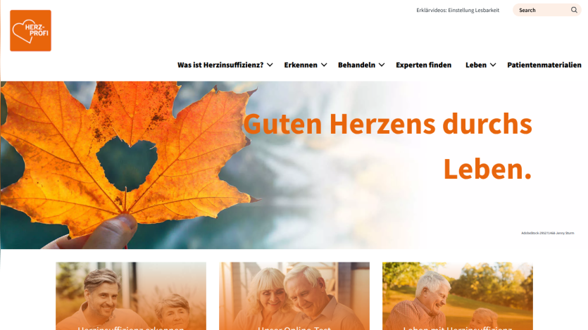 Website about heart health with navigation menu and hero text 'Guten Herzens durchs Leben' over autumn leaf image