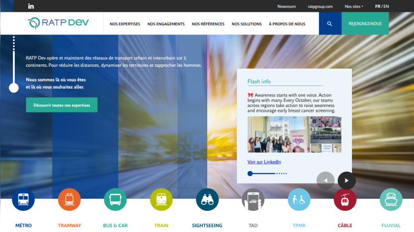 RATP DEV homepage with navigation menu and hero section promoting sustainable mobility solutions