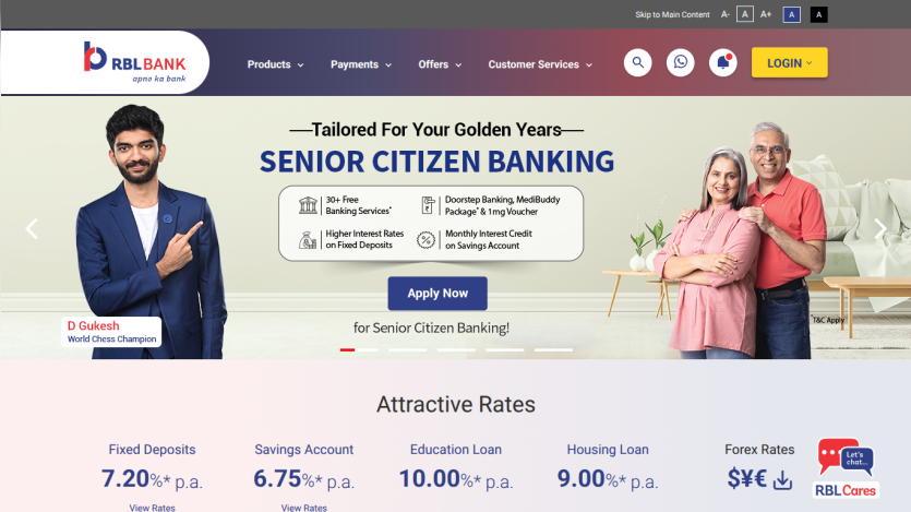 Senior Citizen Banking promotion with attractive rates and a call to action button.